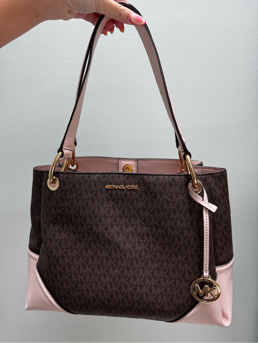Michael Kors Brown Logo Shoulder Bag with Light Pink Trim